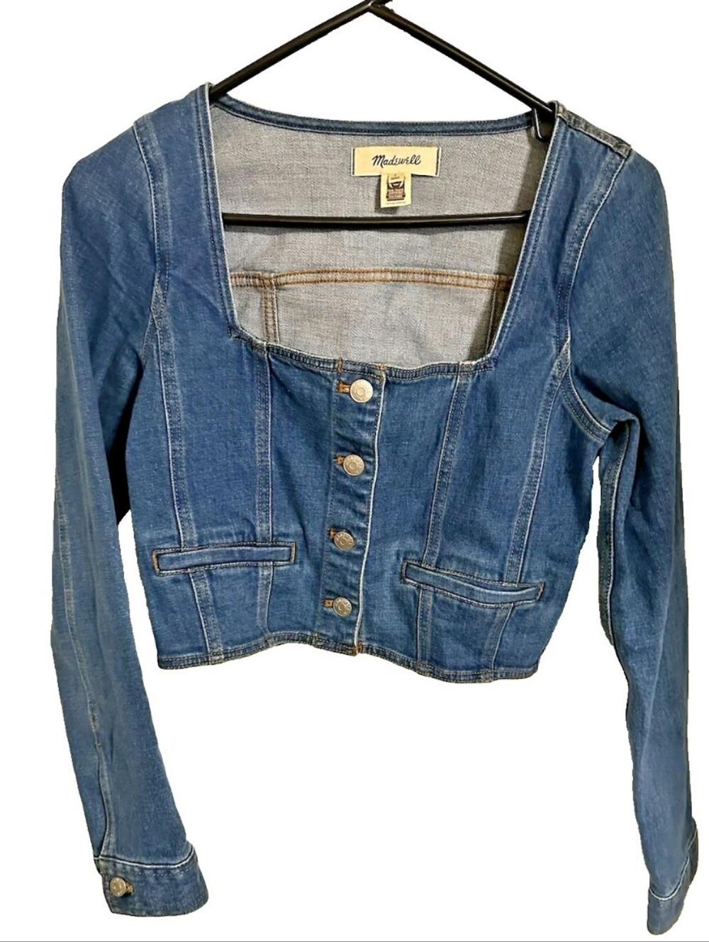 Madewell Denim Square Neck Crop Top Size 2 Medium Wash w Pockets Boho